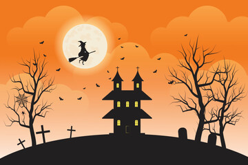 Halloween night Party background, dark castle on the hill and the moon background,. vector illustration