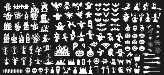 Big set of silhouettes of Halloween on a black background. Vector illustration