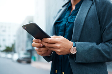 Hands, phone, business woman writing email or type on social media and reading online news. Read corporate communication, watch investment video or web mobile application technology and 5g research