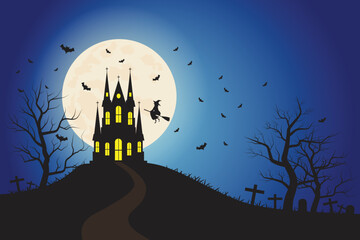 Halloween night Party and dark blue sky background, dark castle on the hill and the moon background,. vector illustration