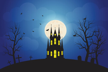 Halloween night Party and dark blue sky background, dark castle on the hill and the moon background,. vector illustration