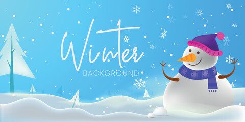 Winter background Merry Christmas & happy new year greeting vector design. Snowman and snowflake Christmas season. winter background