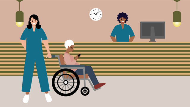 Elderly Woman Sitting In Wheel Chair Accompanied By Hospital Orderly