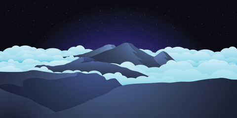 Vector landscape illustration - peaceful beautiful night over prau mountains with ocean of clouds, Use as background or wallpaper