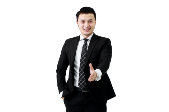 Business Asian man offering handshake ready to a deal at copy space isolated on white background, Partner shaking hands concept. - Powered by Adobe