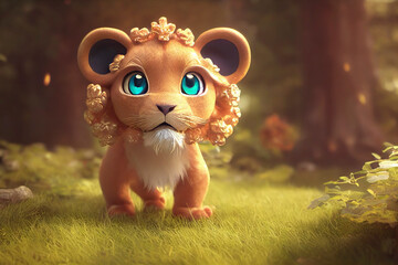 Cute lion cub in a fairytale forest, soft lighting, illustration