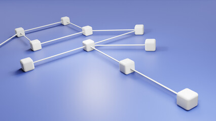 Obraz premium Connected cubes 3D illustration, teamwork cooperation or group network concept on blue background