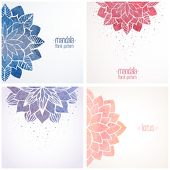 Set of vector templates or backgrounds with watercolor floral pattern, pink and blue flower mandala