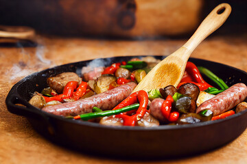 Sausages in a pan with vegetables, food photography, photorealistic illustration