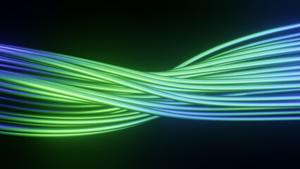 Intertwined neon blue and green 3D abstract render illustration or colourful shiny metal tubes and lines with twisted shapes, futuristic object concept with neon colors