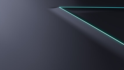 Minimalist Tech Background with Raised Triangle and Turquoise Illuminated Trim. Black Surface with Embossed 3D Shape. 3D Render.