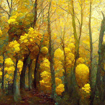 Autumn forest landscape. Colorful watercolor painting of fall season. Green and yellow trees.
