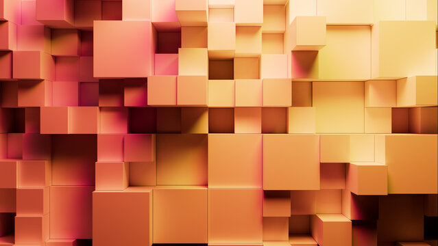 Neatly Constructed Multisized Cube Wall. Yellow and Coral, Contemporary Tech Background. 3D Render.