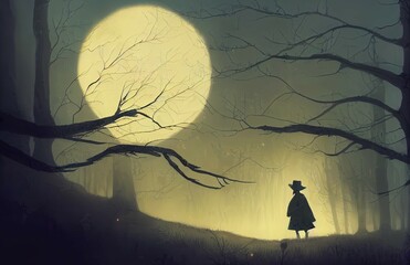 Spooky foggy forest at night with a silhouette figure on the main character. Cartoon style digital artwork for wallpapers and backgrounds. Woods in the moonlight with silhouettes and trees in mist.