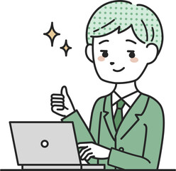 パソコンの前でサムズアップをするスーツを着た男性