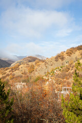 Obraz premium Autumn in the mountains, the path leads to a gazebo on the hillside. Vertical photo.