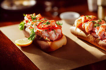 Tasty lobster roll sandwiches, food photography, photorealistic illustration