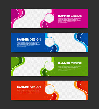 New horizontal social media post template banner. Modern banner design with blue, pink, green and orange color decoration and place for the photo. Suitable for social media, websites, ads, and banner.