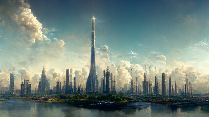 Fototapeta premium design of futuristic sky city , abstract tower architecture , illustation design , internet connect of line ,data transfer