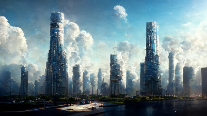 Fototapeta na wymiar design of futuristic sky city , abstract tower architecture , illustation design , internet connect of line ,data transfer