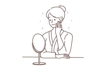 Woman look in mirror do beauty procedures 