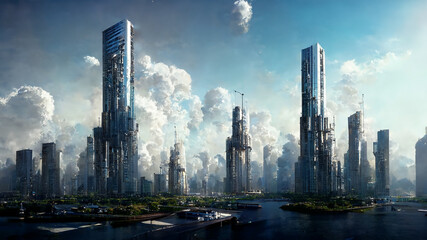 Plakat design of futuristic sky city , abstract tower architecture , illustation design , internet connect of line ,data transfer