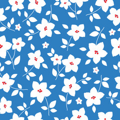 Vintage floral background with white flowers and leaves. blue  background. Seamless pattern for design and fashion prints.Stock vector illustration.
