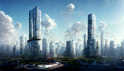 Obraz na płótnie Canvas design of futuristic sky city , abstract tower architecture , illustation design , internet connect of line ,data transfer