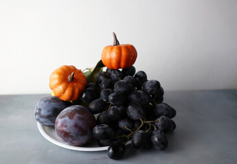 autumn fruits on a plate isolated on grey background