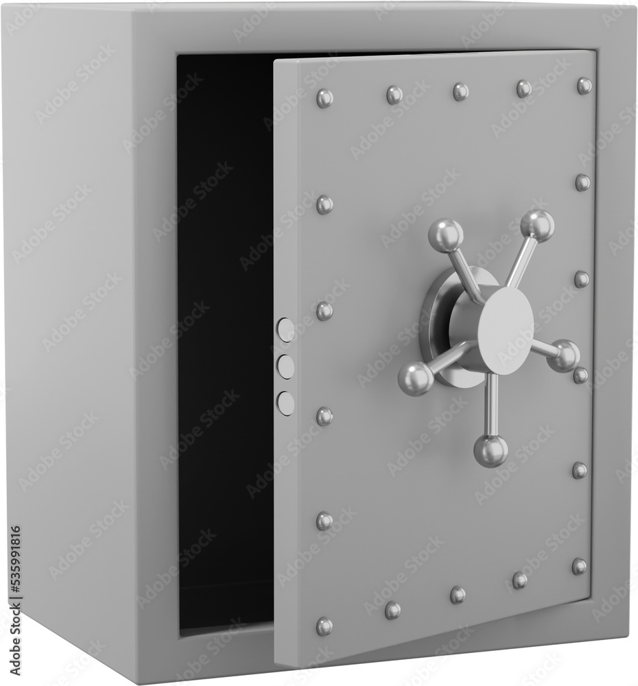 Poster retro safe with wheel handles. gray open storage. png icon on transparent background. 3d rendering.