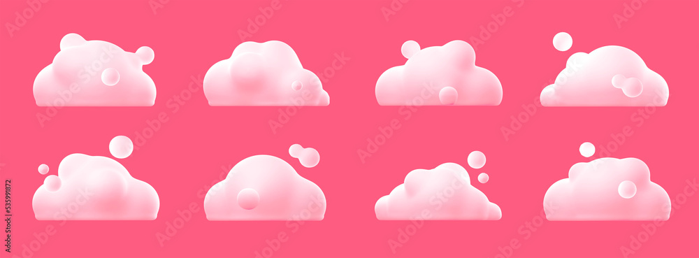 Wall mural simple white fluffy clouds isolated on pink background. cute soft shapes for cloudy sky and weather 