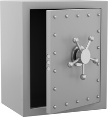 Retro safe with wheel handles. Gray open storage. PNG icon on transparent background. 3D rendering.