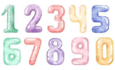 Watercolor. Cute colored numbers. With watercolor animals. Baby style for newborn cards, photo album and calendar