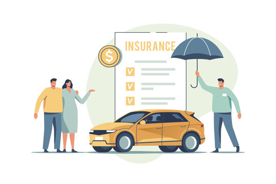 Auto insurance. Concept of car safety, assistance and protection. Couple buying or renting car and signing insurance policy. Vector illustration.