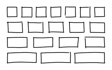 Free hand drawn rectangles and squares in different sizes. Scribble rectangular frames set. Freehand doodle square borders. Text highlight underline. Vector illustration isolated on white background.