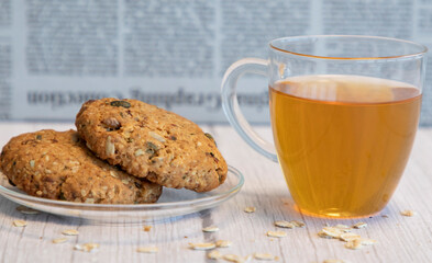 Homemade oatmeal cookies with a cup of tea