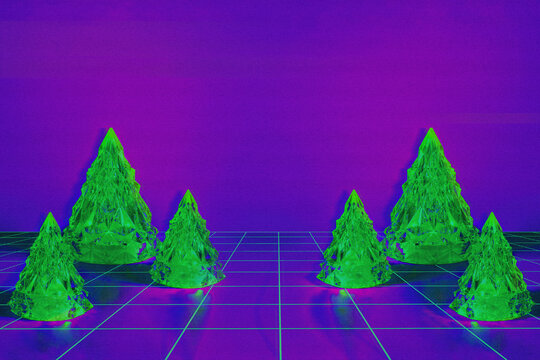 Digital Distorted Interlaced Christmas Trees On Abstract Futuristic Cyberpunk Background With Motion Glitch Effect. Retro Futurism, Cyber Xmas Vaporwave Design, Rave 80s 90s Aesthetic, Copy Space