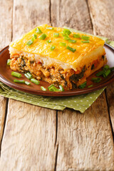 Escondidinho de frango Brazilian chicken shepherd's pie is a homey, comforting one dish wonder or casserole closeup in the plate on the table. Vertical
