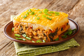 casserole of mashed potatoes with minced meat and vegetables on top with cheese close-up on a plate on the table. horizontal