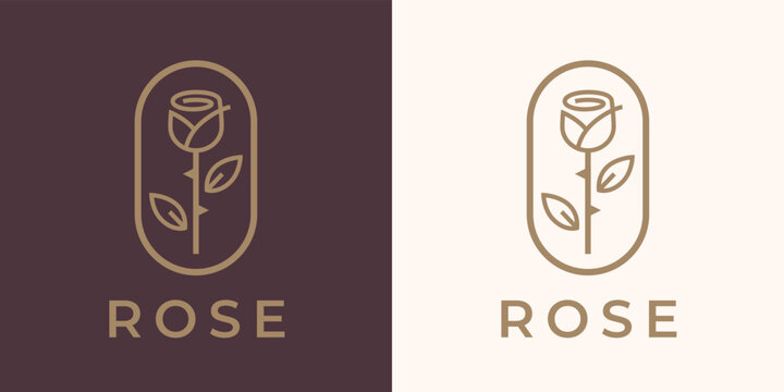Elegant rose logo design. Luxury boutique flower line icon. Floral beauty care brand emblem. Petal blossom perfume symbol. Vector illustration.