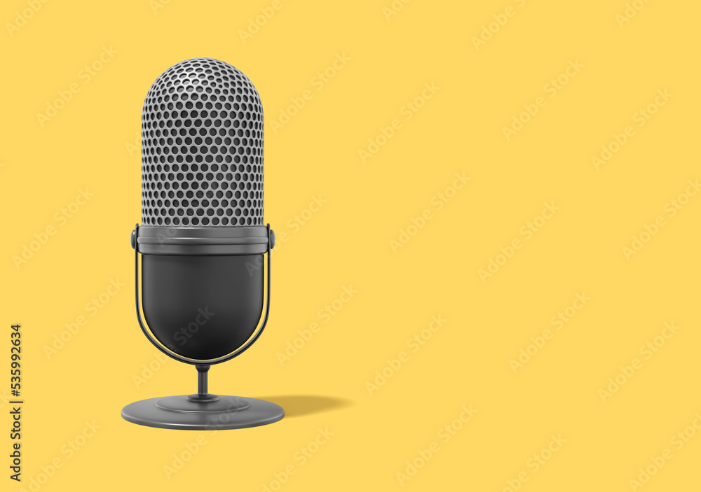Poster modern microphone. realistic icon on yellow background with space for text. 3d rendering.