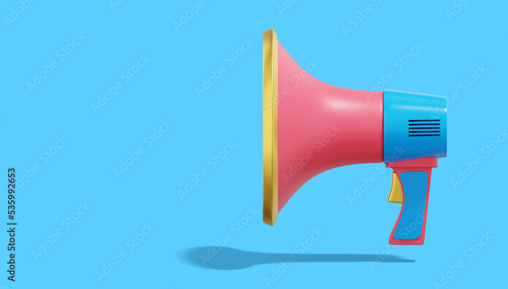 Poster 3d rendering. multicolored megaphone on blue background with space for text. side view.
