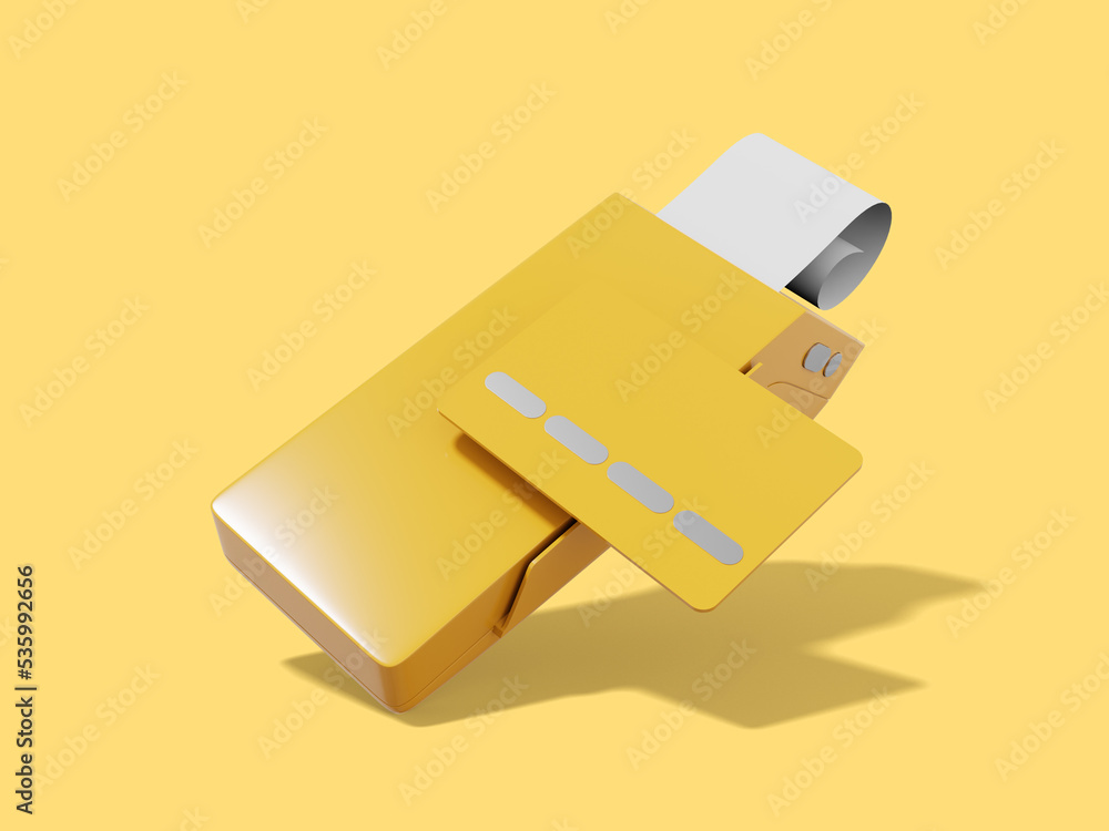 Poster Modern machine for cashless payment. Yellow POS terminal with credit card and check. Device for NFC pay. 3D rendering on the yellow background.