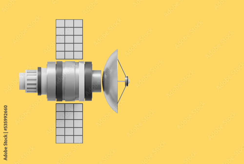 Poster space satellite with an antenna. orbital communication station intelligence, research. 3d rendering.