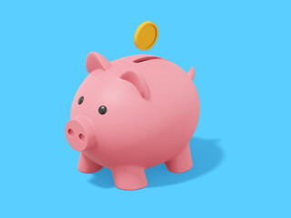 Accumulation of savings icon. 3D rendering. Pink piggy bank with falling coins on blue background.