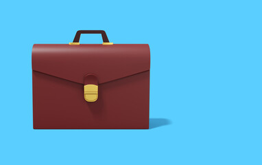 Brown briefcase on blue background. Front view. Portfolio icon banner with space for text. 3D rendering.