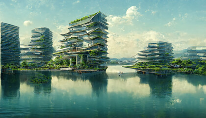 Futuristic urban cityscape. Environmentally sustainable city illustration.
