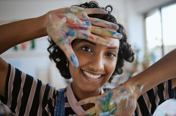 Creative portrait, woman hands with paint on happy art school student and oil painting inspiration for Indian girl. Fun learning color theory and young artist creativity in university workshop studio - obrazy, fototapety, plakaty