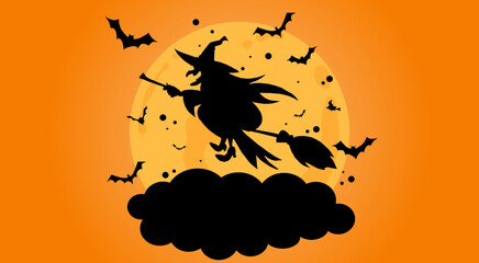 Fototapeta na wymiar Silhouette of a beautiful witch flying on a broom against full moon light, wizard with bats. Halloween background, fantasy and magic. Vector illustration