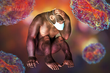 Monkey in a medical mask, conceptual 3D illustration